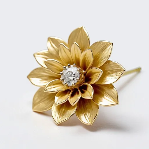 Prompt: A gold dahlia with a diamond center 
the gold petals slightly cover the diamond
the flower stem is a stud earring screw back instead
on a white background