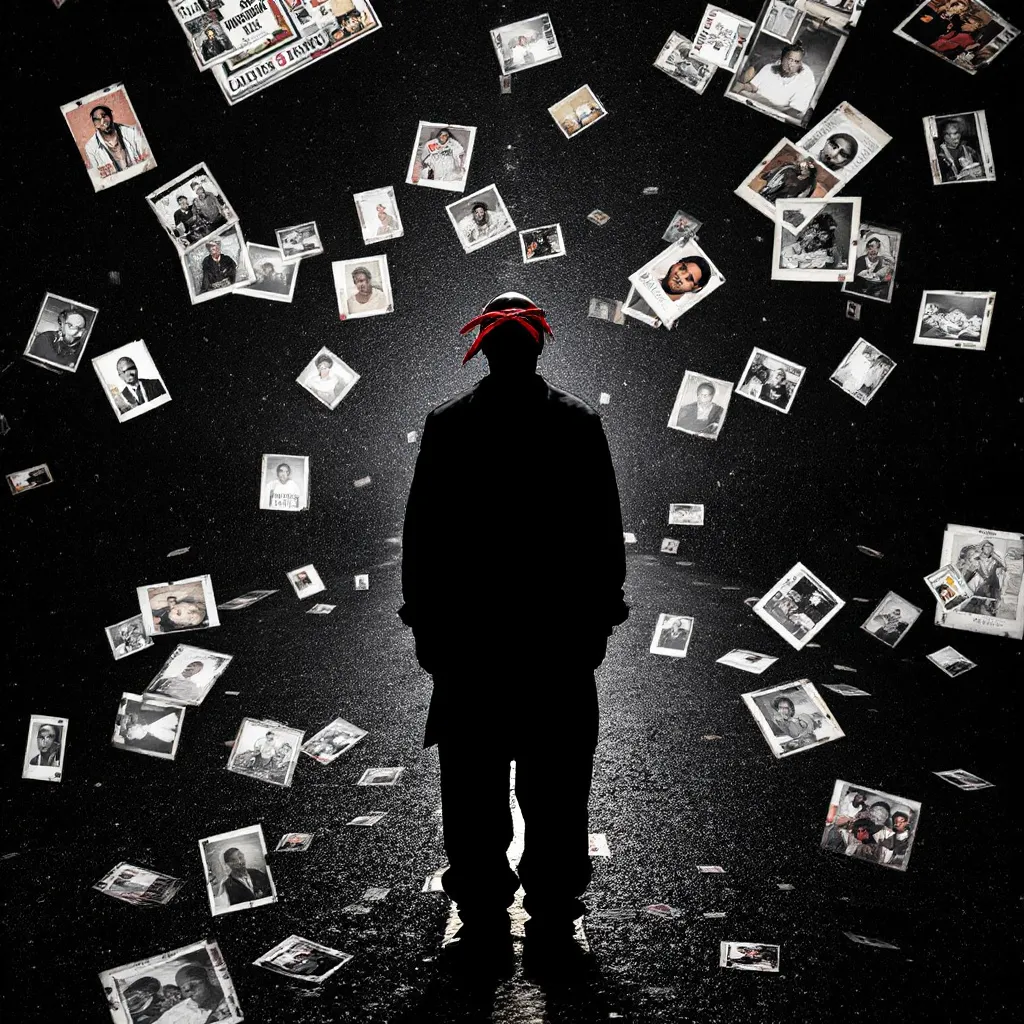 Prompt: old pictures of Tupac are scattered on a dark street. in the center is tupacs silhouetthe with red bandana. not the whole body. On top the text: "The Shirt: Conversations with Tupac is out on Amazon"