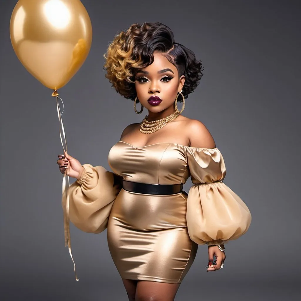 Prompt: Image of an African American curvy chibi woman with short ombre andblack pixie cut. Flawless  makeup, mink lashes Diamond Chanel necklace and earrings gold lipstick wearing a balloon sleeves midi dress with gladiator heels 