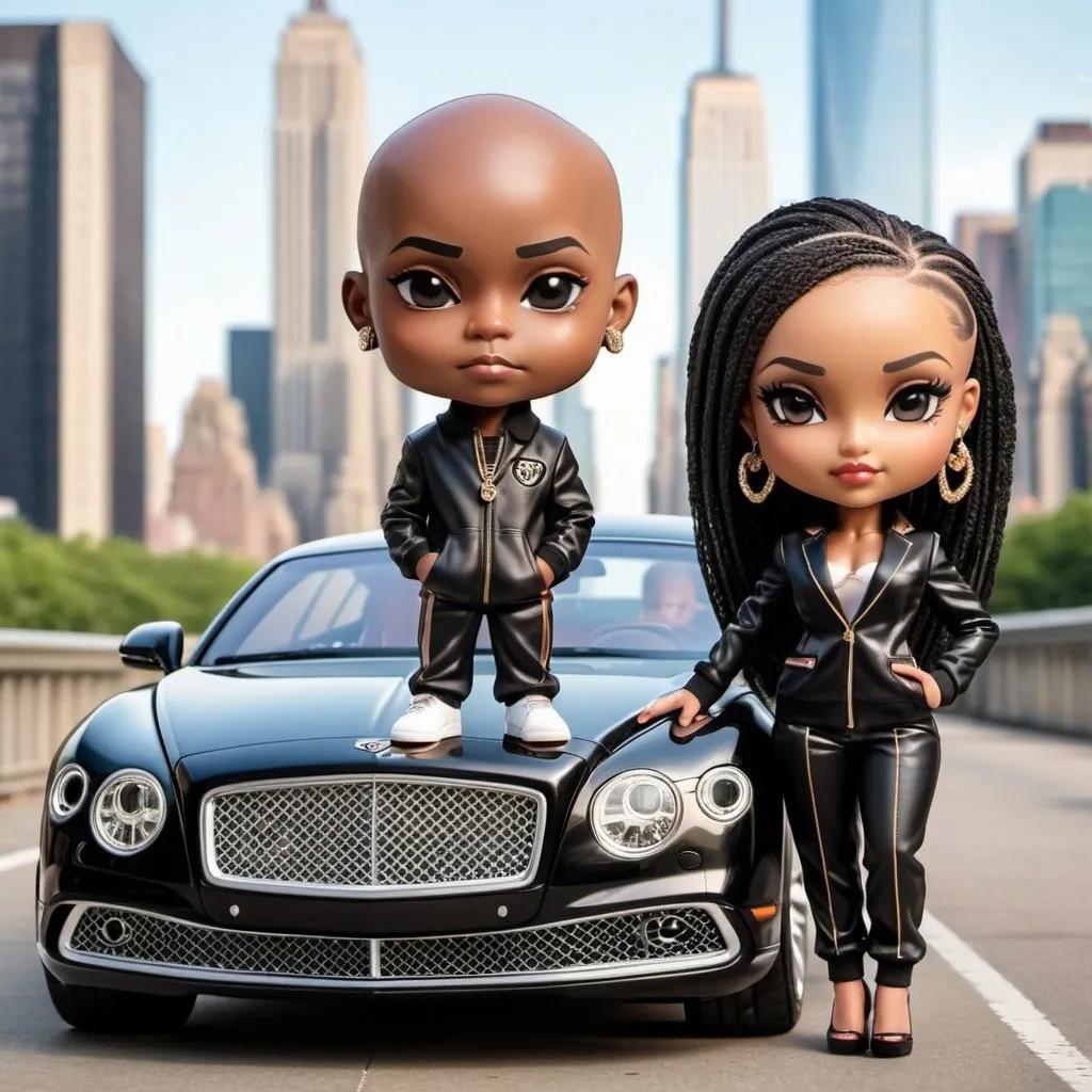 Prompt: A beautiful African American chibi woman and man wearing Gucci jogger suits standing near a blinged out Bentley she has long black realistic ponytail and he is clean shaven with bald head background is new York skyline 