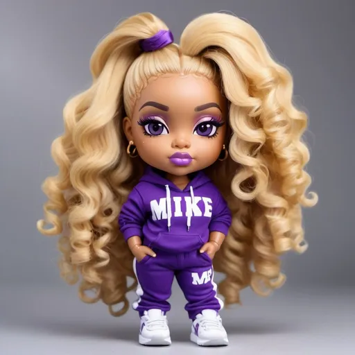 Prompt: Adult acrylic African American curvy chibi woman wearing purple jogger matching sneakers her hair is a honey blonde long wavy style with a part. Her face is flawless made up with mink lashes and full puckeredlips