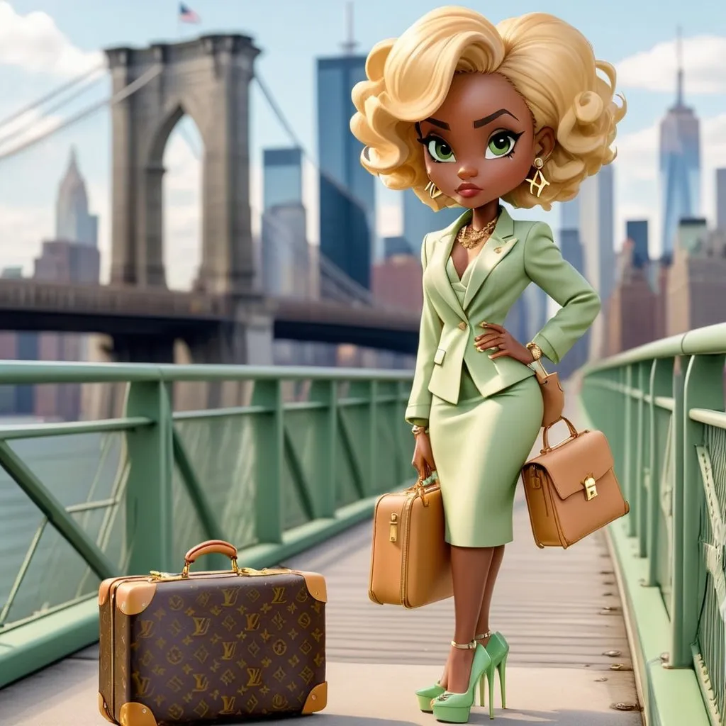 Prompt: An American African Black Chibi woman with honey blonde hair, large diamond earrings and necklace wearing light green suit high heels holding a Louis Vuitton suitcase and handbag and is  standing on a beautiful bridge with new  york skyline in background 