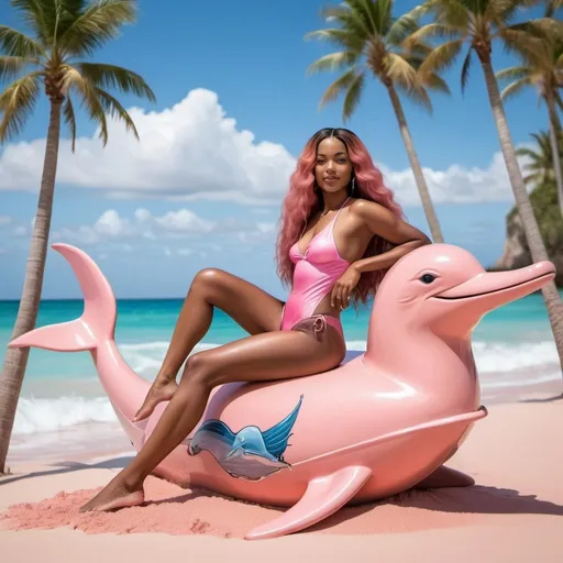Prompt: Image of a beautiful Latino china black woman sitting on a pik dolphin wearing a two piece pink swim suit, she has flowing auburn long silky hair, scenery is beautiful palm trees pink sand against a beach ⛱️ setting 
