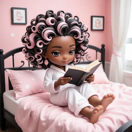 Prompt: Create beautiful chibi black full figuredwoman lying in bed reading a book, she is fully dressed in white pajamas slippers near by and room is decorated elegantly in soft pink and white. Her hair is fully flowing softing revealing soft bouncing spiral red curls