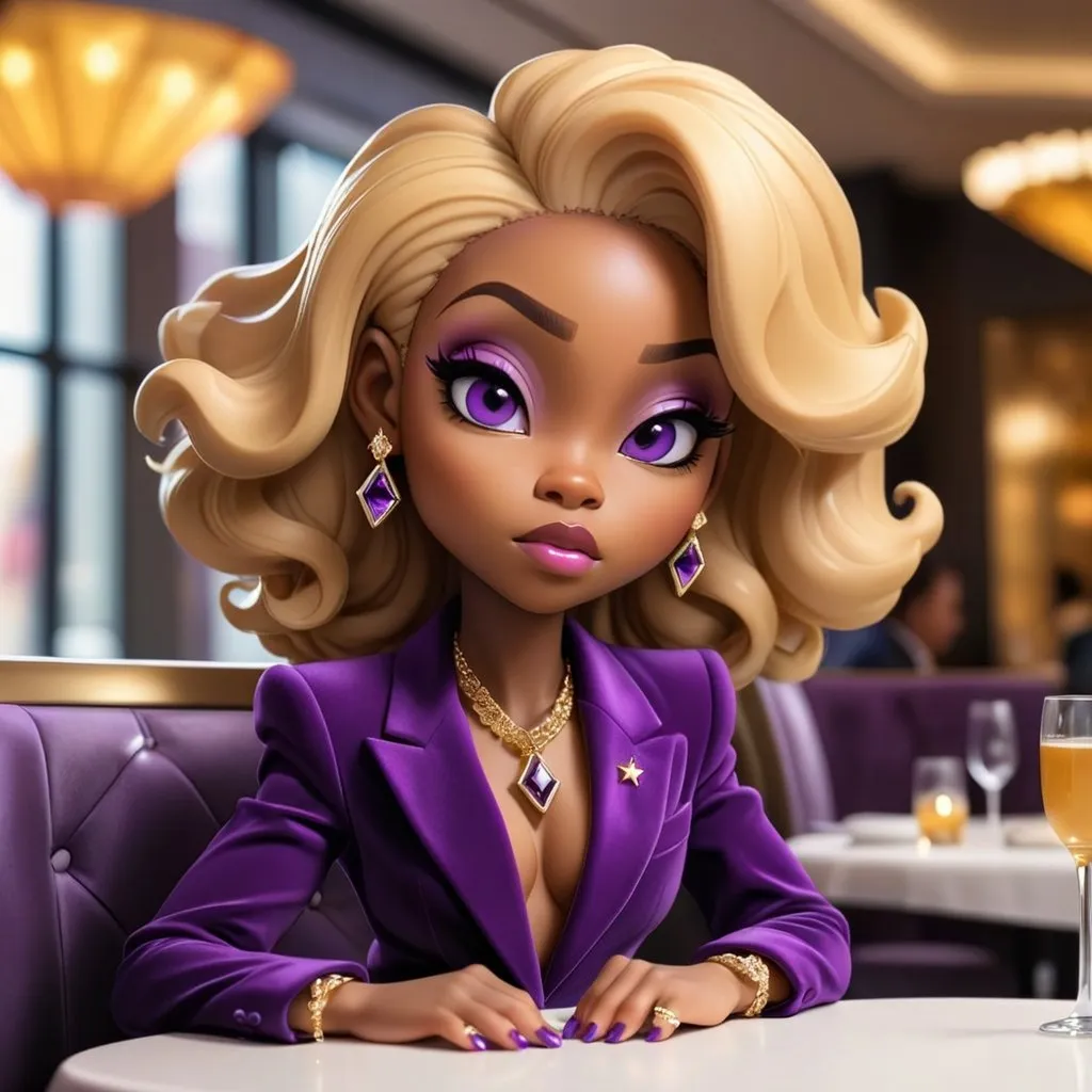 Prompt: An American African Black Chibi woman with honey blonde hair, large diamond earrings and necklace wearing a velvet purple suit high heels and is sitting in a five star restaurant 