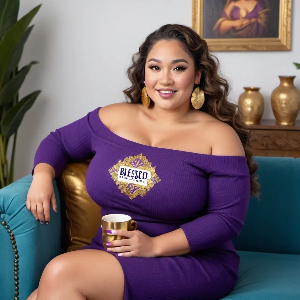 Prompt: Create image of a Polynesian looking woman with long wavy hair, full figured sitting on a powered blue sofa trimmed with gold tacks she is dressed in a off the shoulder purple ribbed sweater dress rectangle earrings and is holding a cup which reads blessed, her make-up is flawless 