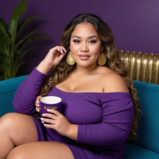 Prompt: Create image of a Polynesian looking woman with long wavy hair, full figured sitting on a powered blue sofa trimmed with gold tacks she is dressed in a off the shoulder purple ribbed sweater dress rectangle earrings and is holding a cup which reads blessed, her make-up is flawless 