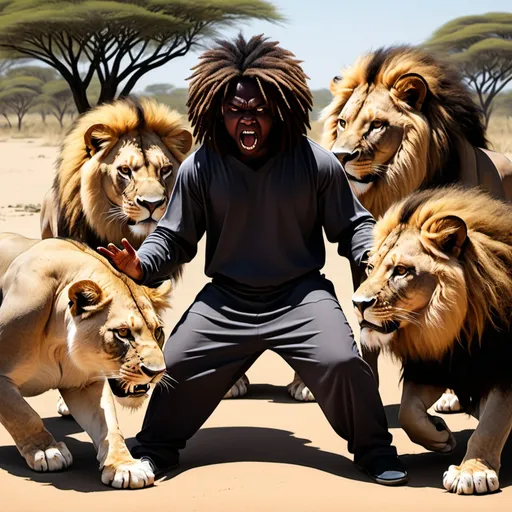 Prompt: a black person is stuck in a lion kage