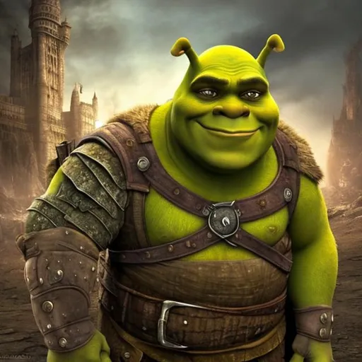 Prompt: Shrek as a badass post apocalyptic medieval fantasy Hero