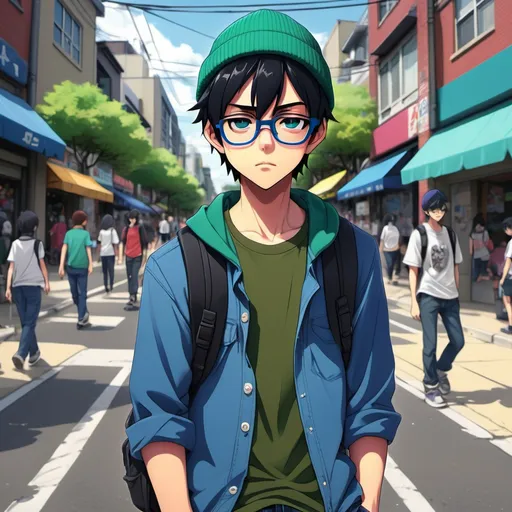 Prompt: (Anime boy named Dave, age 15), black hair, wearing a (dark green shirt), (blue ripped jeans), (dark green beanie), (blue glasses), (black backpack), shy demeanor, (walking around), vibrant color palette, engaging expressions, detailed facial features, captivating background of a bustling street or park, illustrated with (high detail), (anime-style), colorful and dynamic atmosphere, (soft lighting).