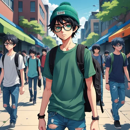 Prompt: (Anime boy named Dave, age 15), black hair, wearing a (dark green shirt), (blue ripped jeans), (dark green beanie), (blue glasses), (black backpack), shy demeanor, (walking around), vibrant color palette, engaging expressions, detailed facial features, captivating background of a bustling street or park, illustrated with (high detail), (anime-style), colorful and dynamic atmosphere, (soft lighting).