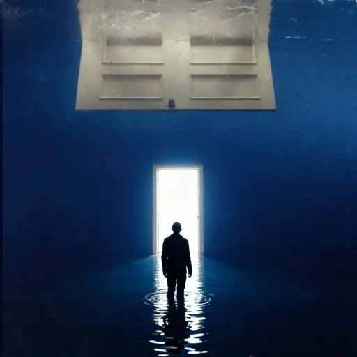 Prompt: “A person standing in water facing a glowing doorway, cinematic lighting, dark blue tones, mysterious atmosphere.”
