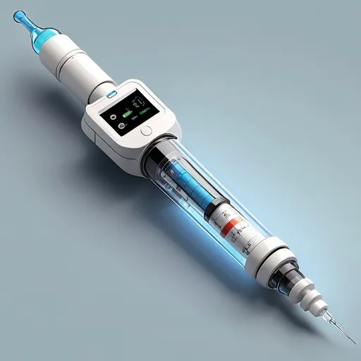 Prompt: Create a detailed, realistic illustration of an advanced smart syringe designed for both medication delivery and real-time diagnostics. The syringe should feature a transparent barrel displaying the medication, micro-scale biosensors embedded along the needle, a compact microelectronics module attached to the barrel
, and a small digital display indicating diagnostic information. Illustrate wireless signal waves emanating from the microelectronics module to represent data transmission. The scene should include a healthcare provider holding the syringe, with the display interface visible, emphasizing ease of use and immediate access to diagnostic data. Use a clean, professional color palette with medical blues and whites, and present the syringe at a slight angle to clearly showcase its features.