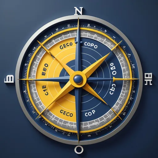 Prompt: (accurately spelled text "Geo CO-OP"), (dark blue lettering), (yellow and gray borders and shadows), surveying elements such as compasses, rulers, and maps, modern design features, sharp lines, appealing layout, professional atmosphere, bold contrast, intricate details, eye-catching composition, cohesive color palette, high quality, ultra-detailed.