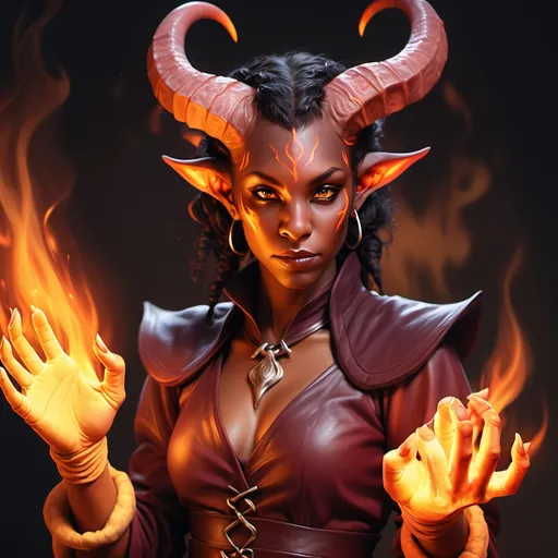 Prompt: hyper-realistic Tiefling character with fire hands, fantasy character art, illustration, dnd, warm tone