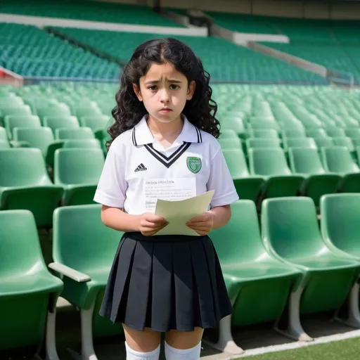 Prompt: "A 9-year-old girl, curly black hair, white shirt and black long plain skirt with white socks Emine, standing on a small stage in a  green soccer stadium, looking nervous but determined. She is dressed in a neat school uniform and holding a piece of paper with a poem. Background shows a green soccer stadium with blue chairs and a simple backdrop."