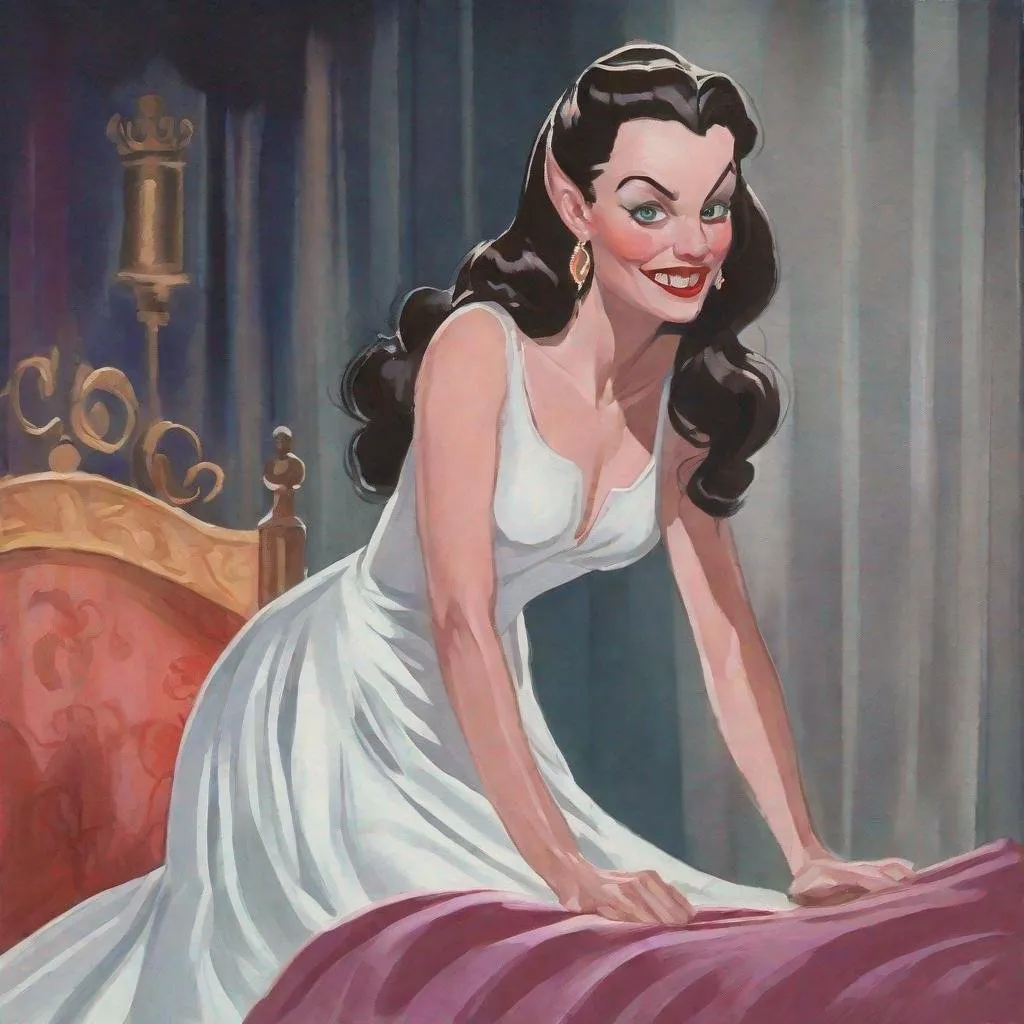 Prompt: gouache painting of a Disney animated style Mina Murray from Dracula in a white night gown inspired by Basil Gogos.