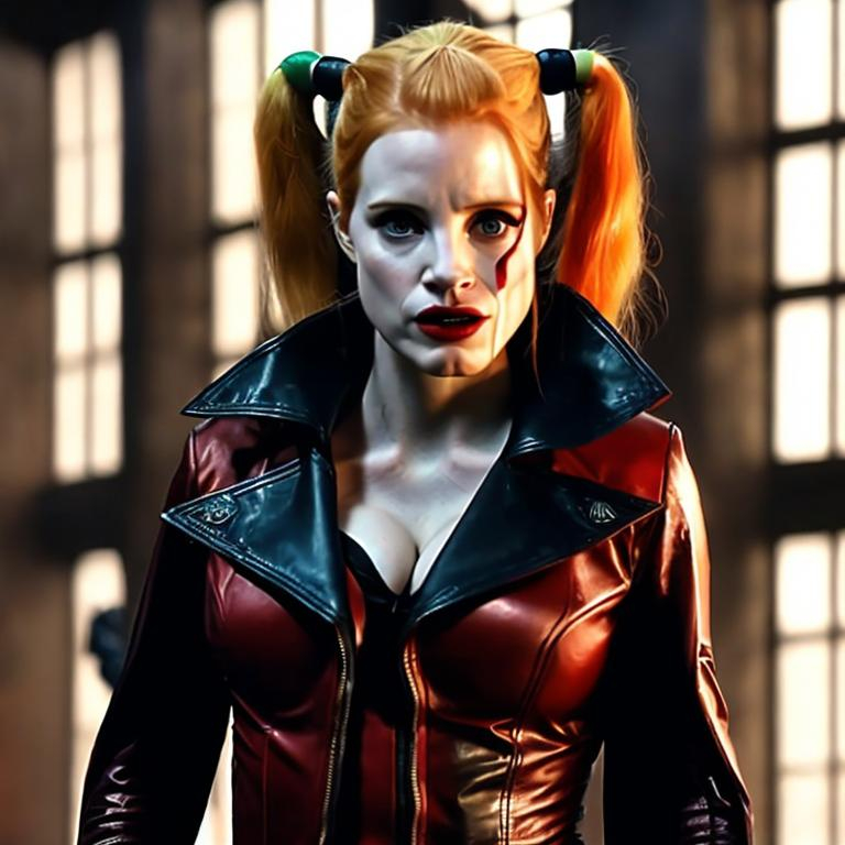 Prompt: Jessica Chastain as Harley Quinn in Christopher Nolan's Batman universe wearing a leather red and black trench coat.