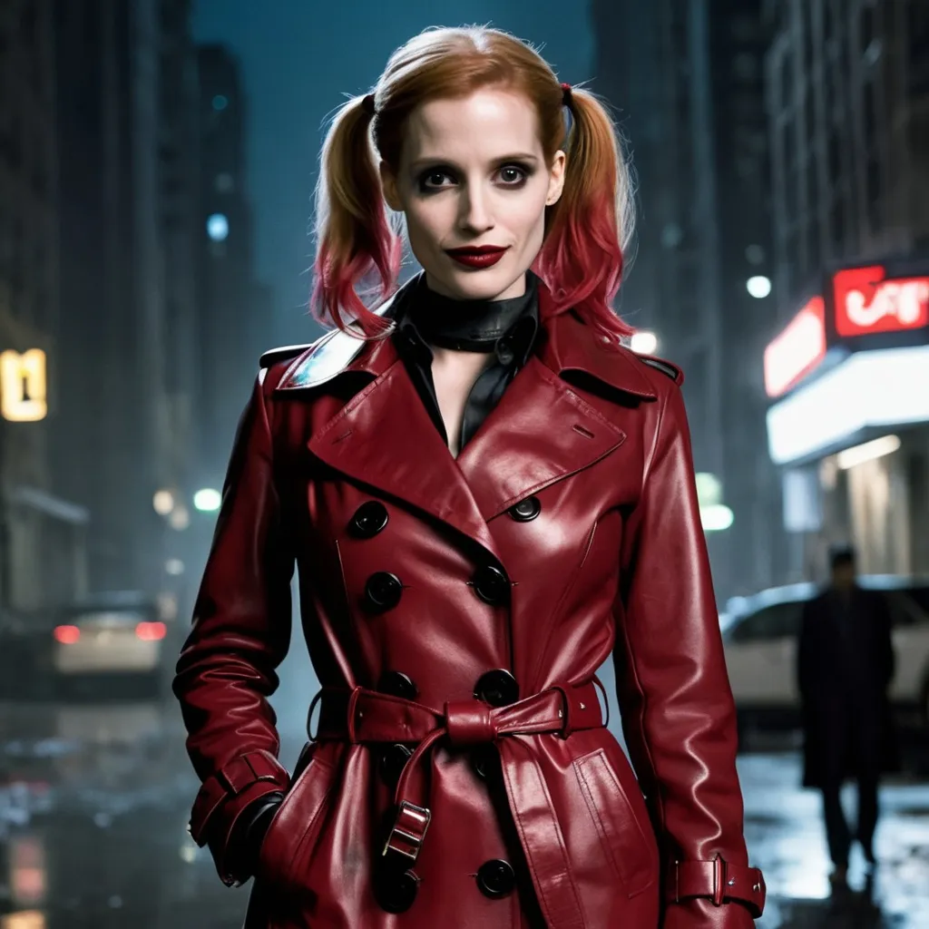 Prompt: Jessica Chastain as Harley Quinn in Christopher Nolan's Batman universe wearing a leather red and black trench coat.