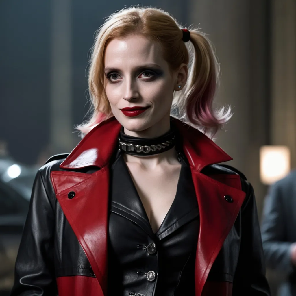 Prompt: Jessica Chastain as Harley Quinn in Christopher Nolan's Batman universe wearing a leather red and black trench coat.