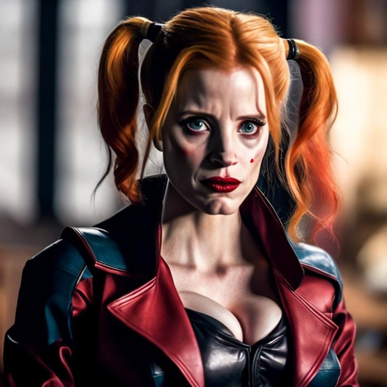 Prompt: Jessica Chastain as Harley Quinn in Christopher Nolan's Batman universe wearing a leather red and black trench coat.