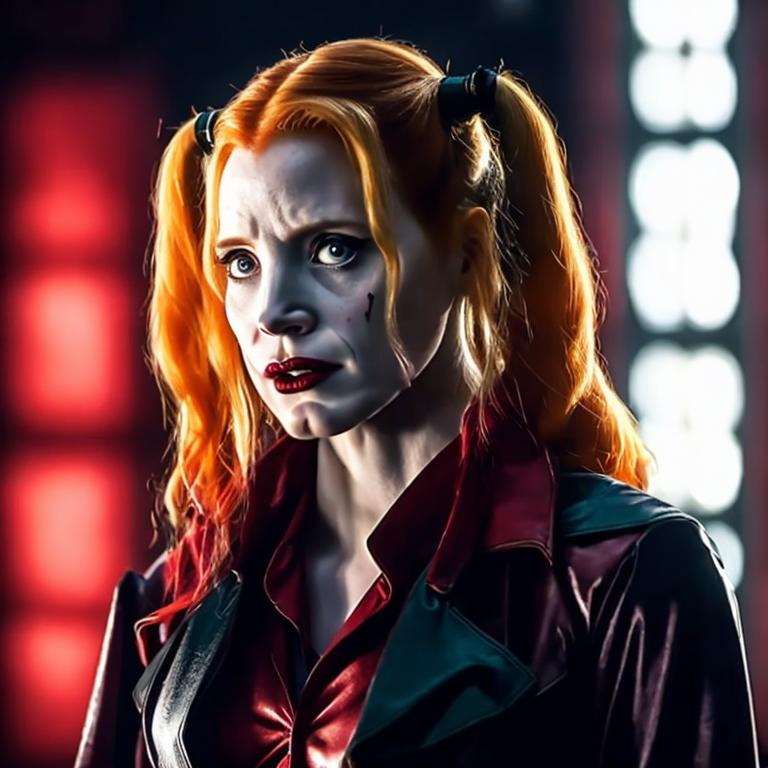 Prompt: Jessica Chastain as Harley Quinn in Christopher Nolan's Batman universe wearing a leather red and black trench coat.