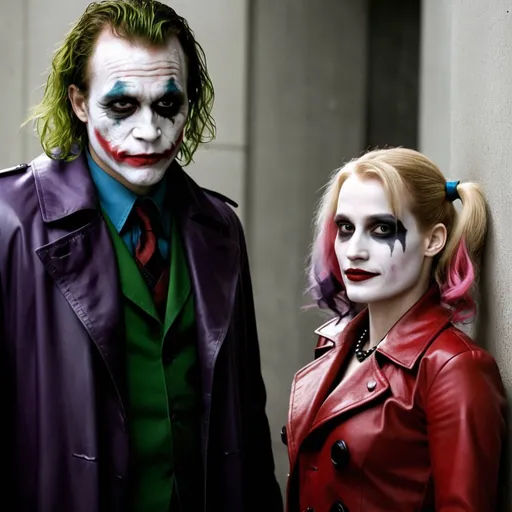 Prompt: Heath Ledger as Joker and Jessica Chastain as Harley Quinn in Christopher Nolan's Dark Knight universe with a white painted face resembling Heath Ledger's Joker makeup wearing a leather red and black trench coat.