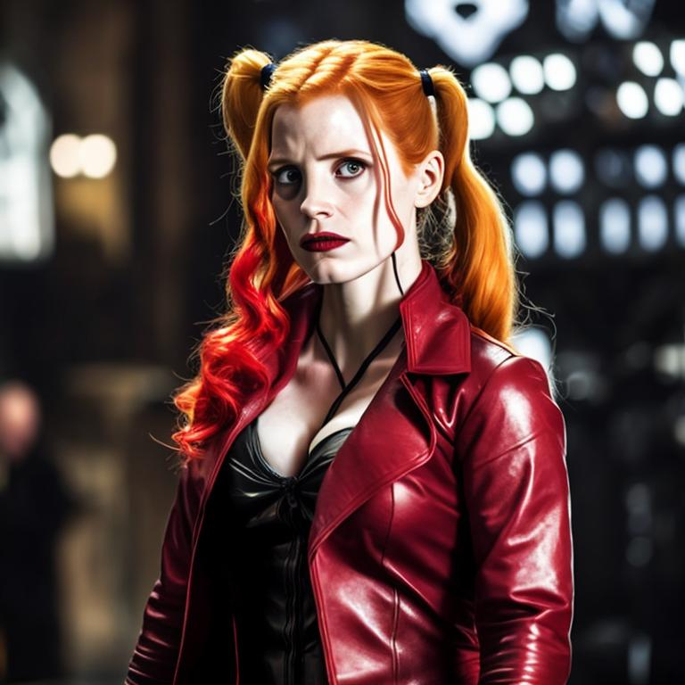 Prompt: Jessica Chastain as Harley Quinn in Christopher Nolan's Batman universe wearing a leather red and black trench coat.