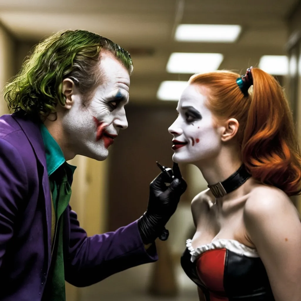 Prompt: Heath Ledger as Joker and Jessica Chastain as Harley Quinn.