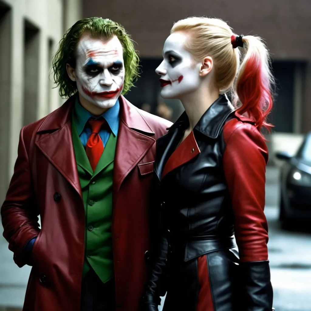 Prompt: Heath Ledger as Joker and Jessica Chastain as Harley Quinn in Christopher Nolan's Dark Knight universe with a white painted face resembling Heath Ledger's Joker makeup wearing a leather red and black trench coat.