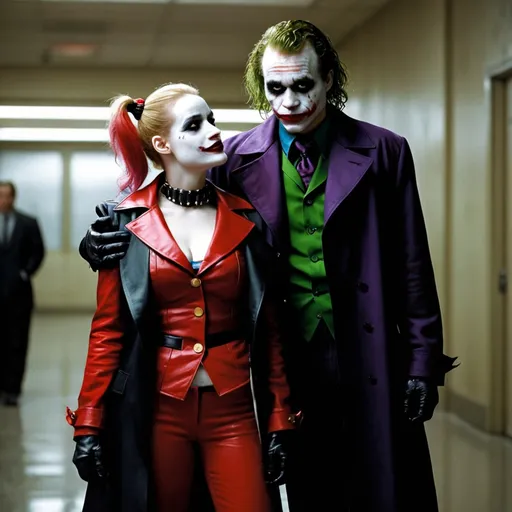 Prompt: Heath Ledger as Joker and Jessica Chastain as Harley Quinn in Christopher Nolan's Dark Knight universe with a white painted face resembling Heath Ledger's Joker makeup wearing a leather red and black trench coat.