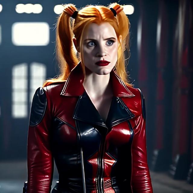 Prompt: Jessica Chastain as Harley Quinn in Christopher Nolan's Batman universe wearing a leather red and black trench coat.