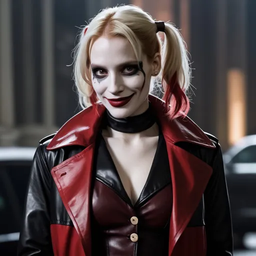 Prompt: Jessica Chastain as Harley Quinn in Christopher Nolan's Batman universe with a white painted face and Glasgow smile wearing a leather red and white and black trench coat.