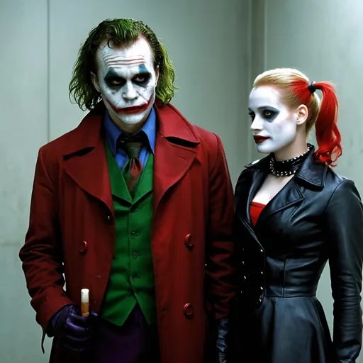 Prompt: Heath Ledger as Joker and Jessica Chastain as Harley Quinn in Christopher Nolan's Dark Knight universe with a white painted face resembling Heath Ledger's Joker makeup wearing a leather red and black trench coat.