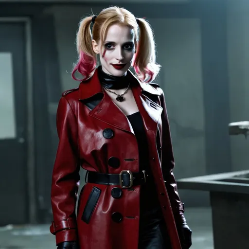 Prompt: Jessica Chastain as Harley Quinn in Christopher Nolan's Batman universe wearing a leather red and black trench coat.