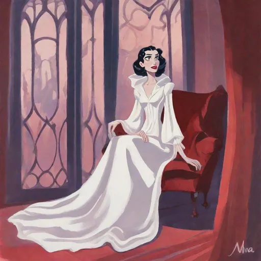 Prompt: gouache painting of a Disney animated style Mina Murray from Dracula in a white night gown.