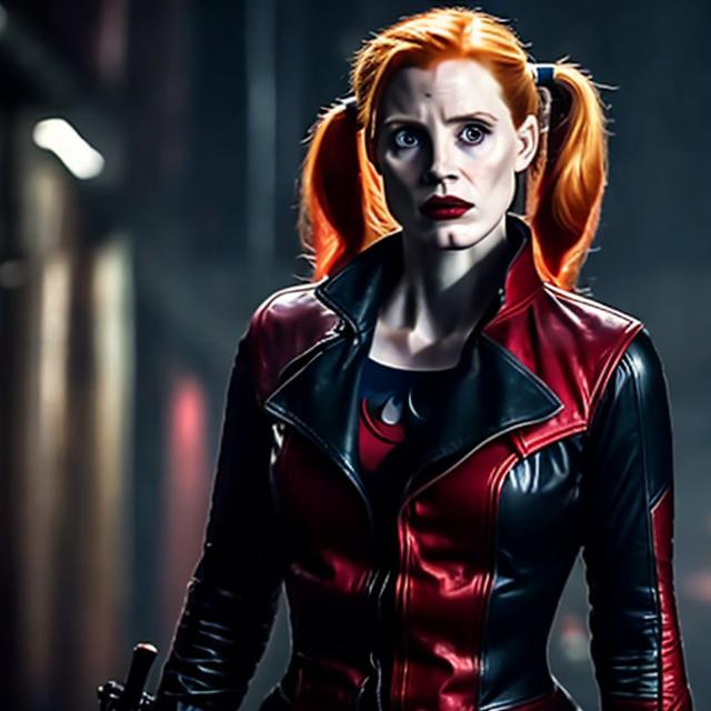 Prompt: Jessica Chastain as Harley Quinn in Christopher Nolan's Batman universe wearing a leather red and black trench coat.