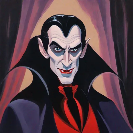 Prompt: gouache painting of a modern Disney animated style Dracula inspired by Basil Gogos.