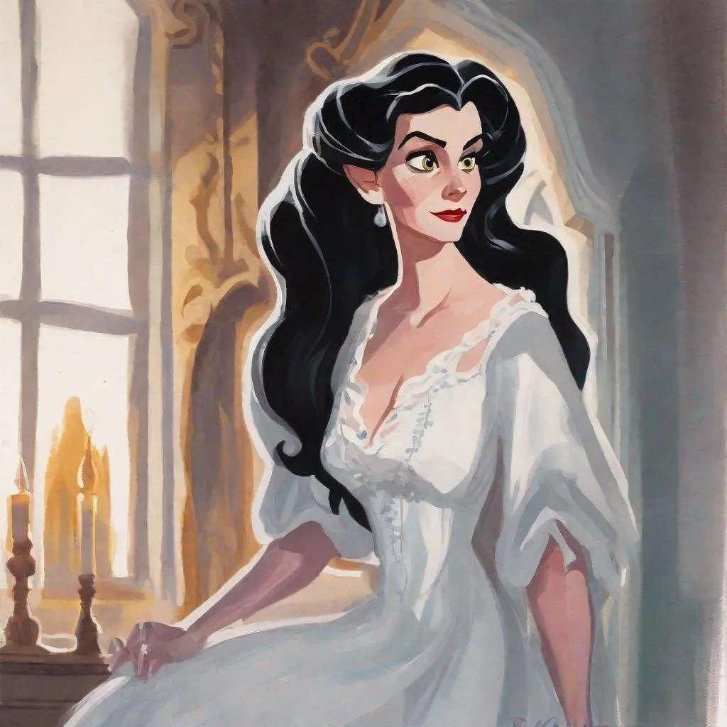 Prompt: gouache painting of a Disney animated style Mina Murray from Dracula in a white night gown.