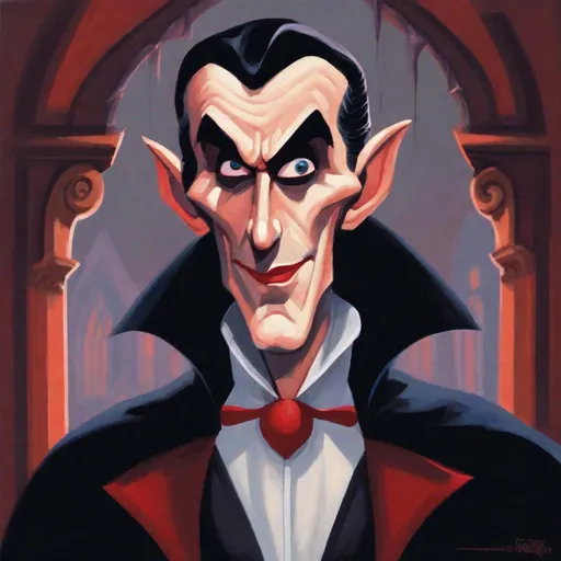 Prompt: gouache painting of a Disney animated style Dracula inspired by Basil Gogos.