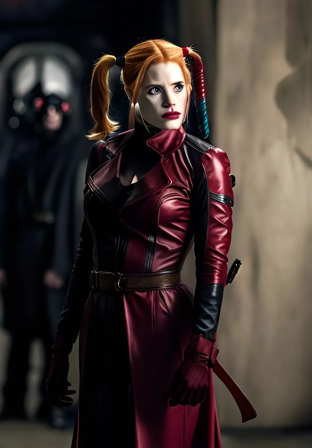 Prompt: Jessica Chastain as Harley Quinn in Christopher Nolan's Batman universe wearing a leather red and black trench coat.