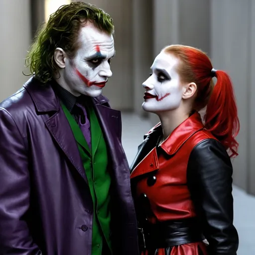 Prompt: Heath Ledger as Joker and Jessica Chastain as Harley Quinn in Christopher Nolan's Dark Knight universe with a white painted face resembling Heath Ledger's Joker makeup wearing a leather red and black trench coat.