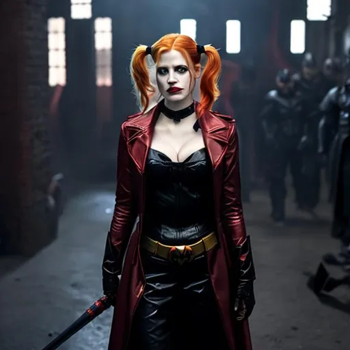 Prompt: Jessica Chastain as Harley Quinn in Christopher Nolan's Batman universe wearing a leather red and black trench coat.