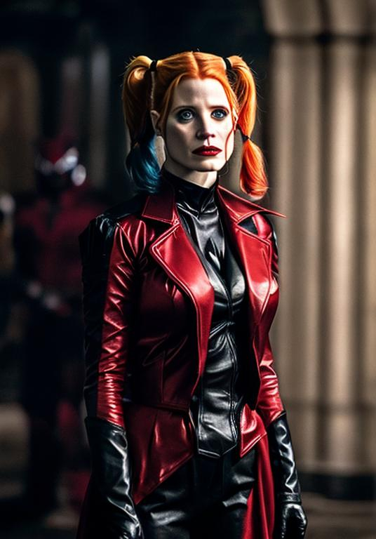 Prompt: Jessica Chastain as Harley Quinn in Christopher Nolan's Batman universe wearing a leather red and black trench coat.