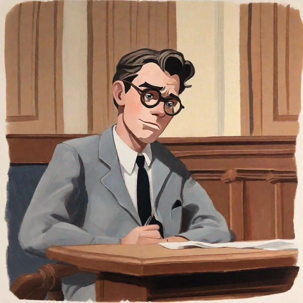 Prompt: gouache painting of a Disney animated style Atticus Fitch from To Kill a Mockingbird sitting in a court room.