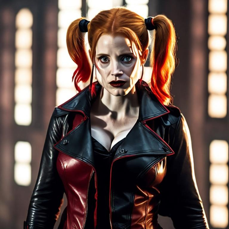 Prompt: Jessica Chastain as Harley Quinn in Christopher Nolan's Batman universe wearing a leather red and black trench coat.