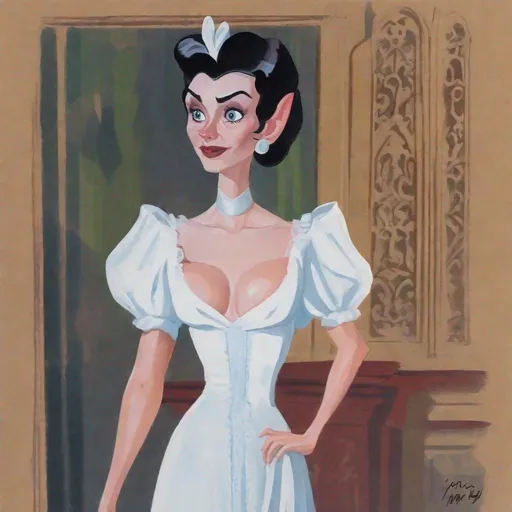 Prompt: gouache painting of a Disney animated style Mina Murray from Dracula in a white night gown inspired by Basil Gogos.