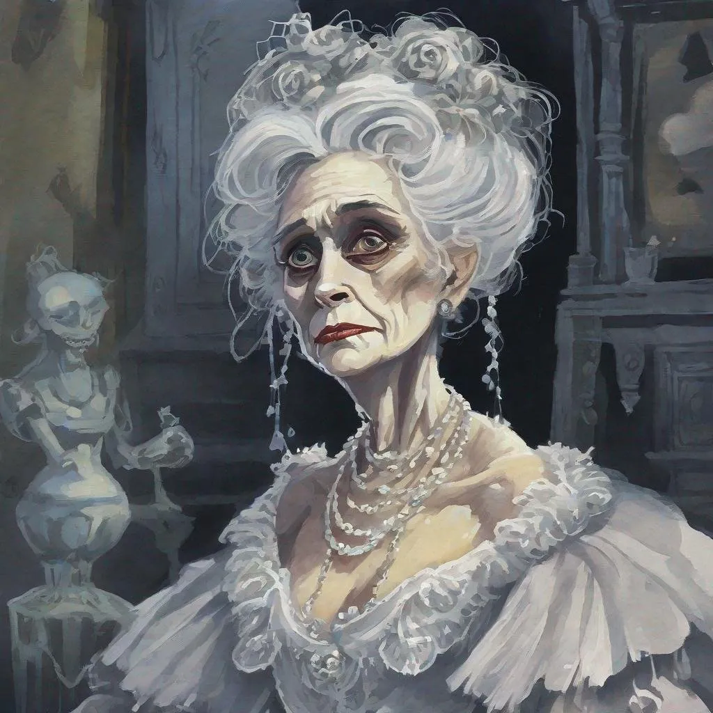Prompt: gouache painting of a Disney animated style Miss Havisham from Great Expectations.