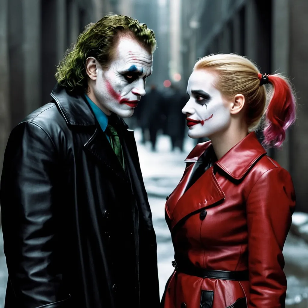 Prompt: Heath Ledger as Joker and Jessica Chastain as Harley Quinn in Christopher Nolan's Dark Knight universe with a white painted face resembling Heath Ledger's Joker makeup wearing a leather red and black trench coat.