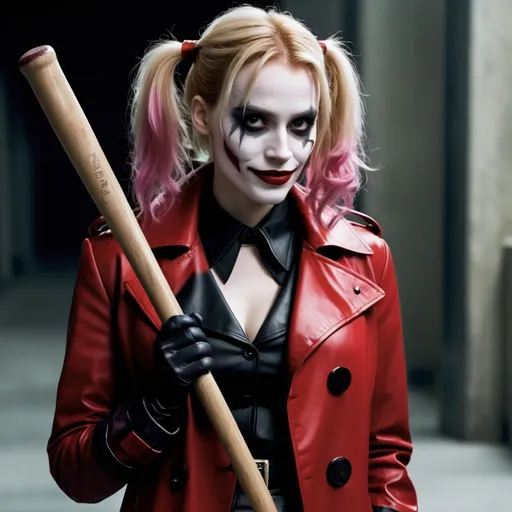 Prompt: Jessica Chastain as Harley Quinn in Christopher Nolan's Batman universe with a white painted face resembling Heath Ledger's Joker makeup wearing a leather red and black trench coat while holding a baseball bat.
